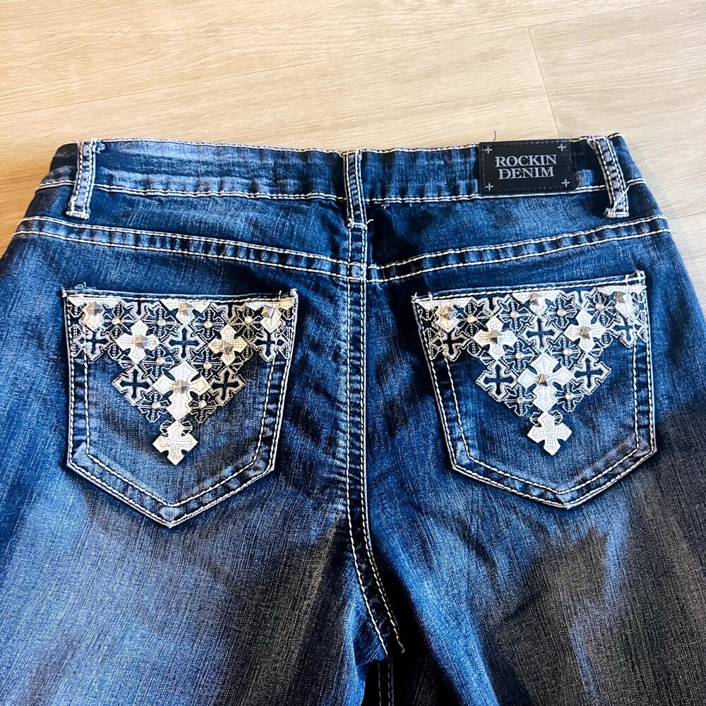 Rockin Denim Dark Wash Bootcut Jean Size 12 with White Crosses